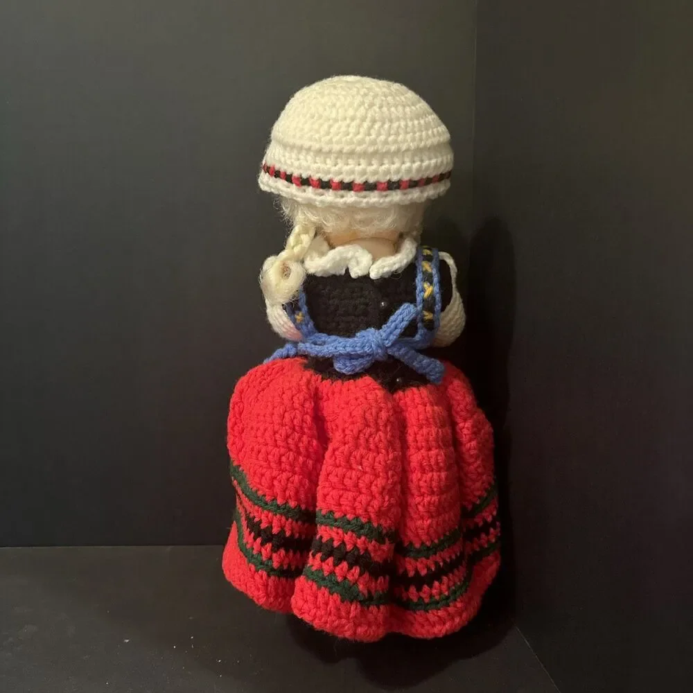 Vintage Doll With Blonde Hair, Blue‎ Eyes & Knit Yarn Outfit